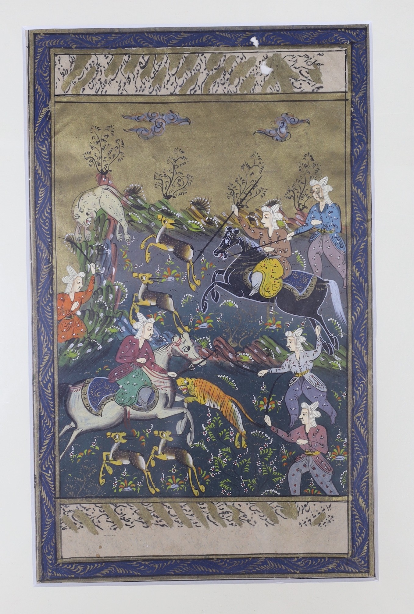 Persian School, five gouaches, Hunting scenes with inscriptions to the margins, 23 x 14cm